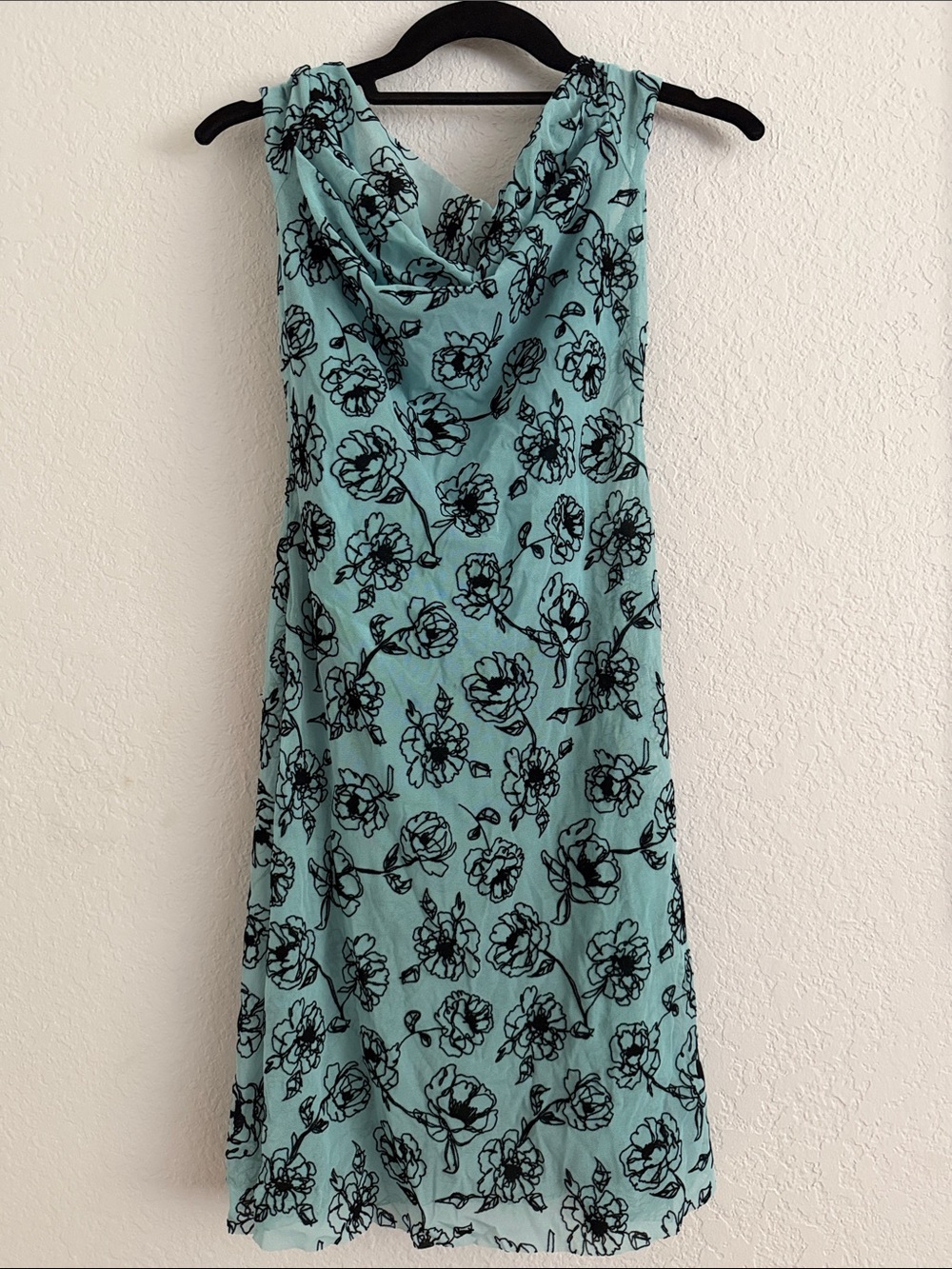 Weissman Teal and Black Floral Cowl Neck Midi Dress
